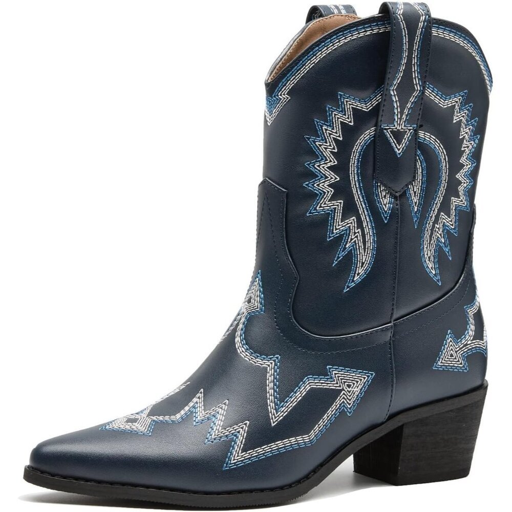Women's Navy Blue Embroidered Metallic Ankle Western Cowgirl Boots Pointed Toe